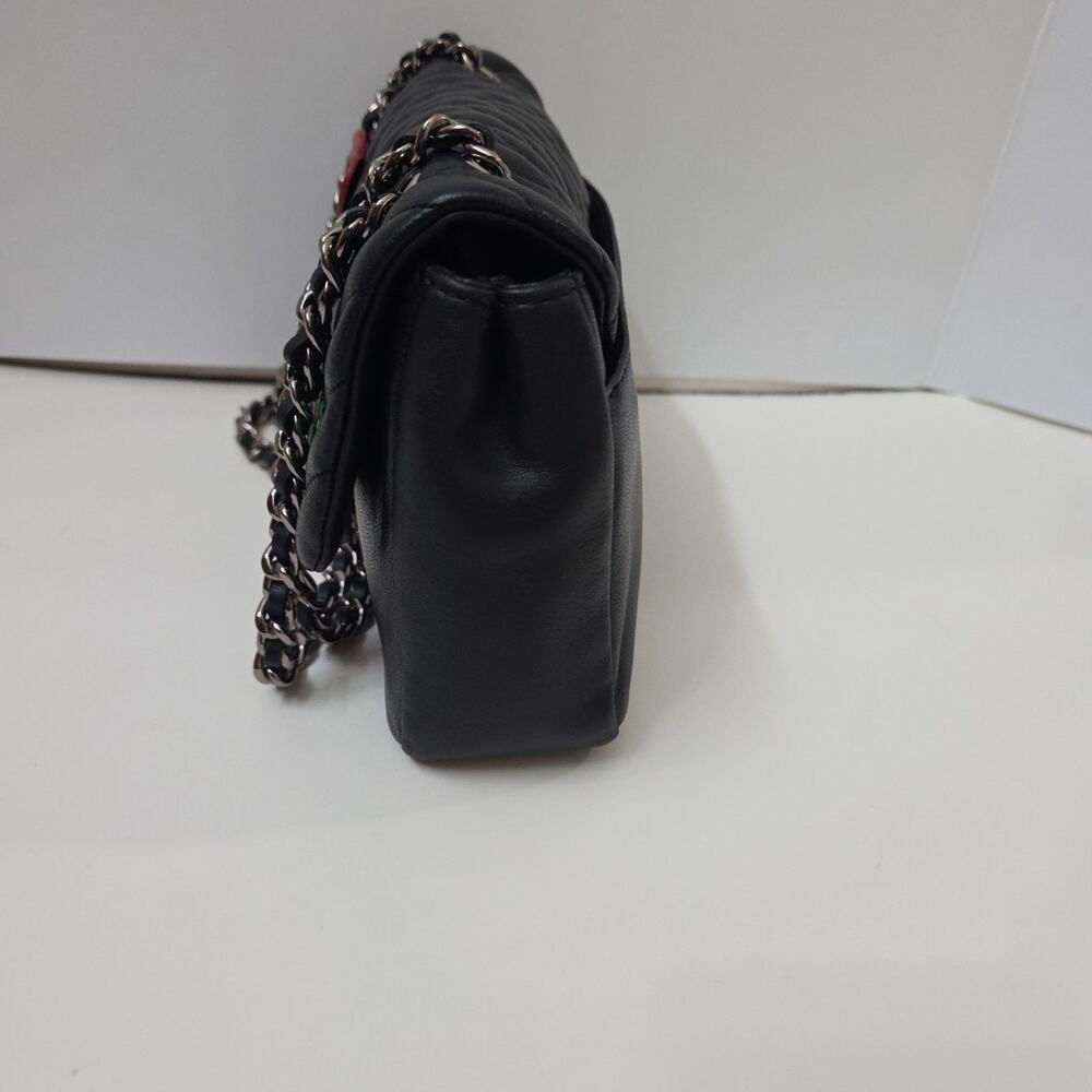 Karl Lagerfeld Paris Quilted Shoulder Bag Black Leather Chain Strap Patch Purse - Picture 4 of 12